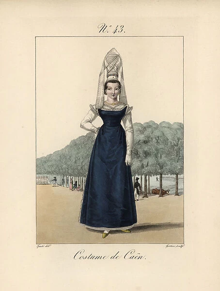 10939179. Costume of Caen. Tall bonnet with the veils twisted over the