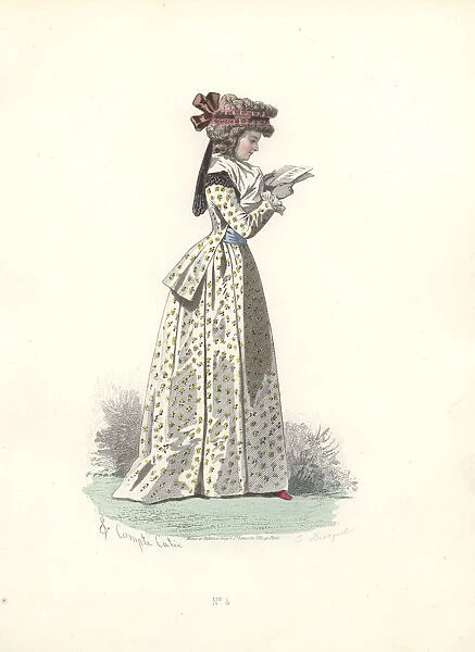 10940147. Fashionable woman in bonnet, wearing a floral print long dress