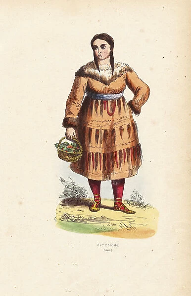 10941702. Kamtchadal woman in coat decorated with hair, holding a basket.