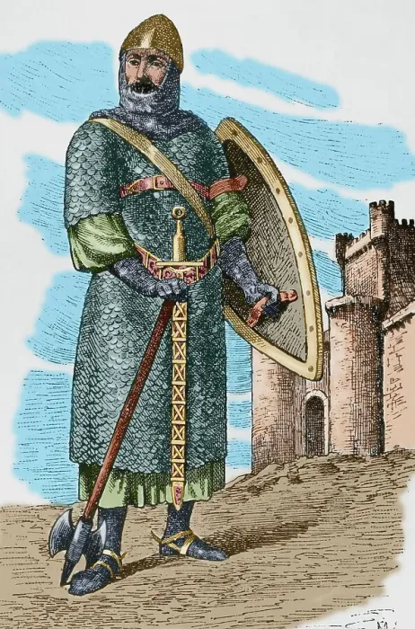 Framed Print : 11th century warrior. Engraving. Later colouration Framed Print : 11th century warrior. Engraving. Later colouration