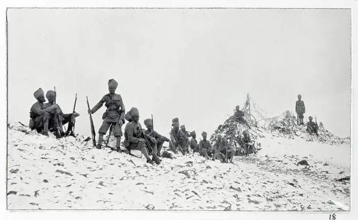 Framed Print : 120th Infantry on the top of Jelep La Pass in the snow, between Sikkim, India, and Tibet, from a fascinating album which reveals new details on a little-known campaign in which a British military force brushed aside Tibetan defences to capture Framed Print : 120th Infantry on the top of Jelep La Pass in the snow, between Sikkim, India, and Tibet, from a fascinating album which reveals new details on a little-known campaign in which a British military force brushed aside Tibetan defences to capture
