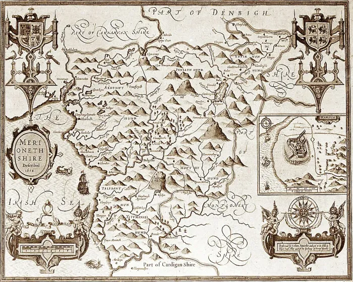 Framed Print : 17th Century (1610) Map of Merionethshire Framed Print : 17th Century (1610) Map of Merionethshire