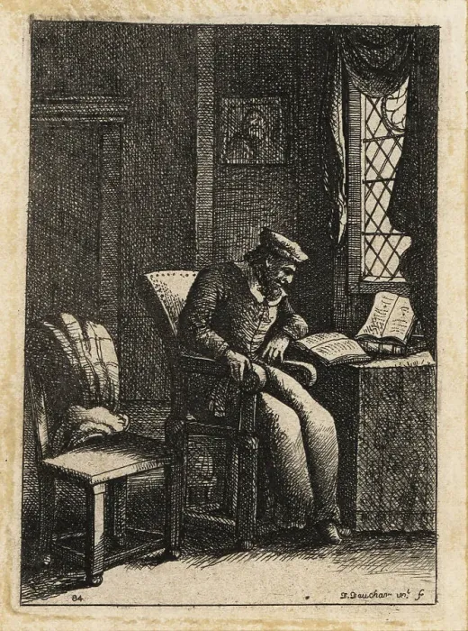 Framed Print : 17th century bearded man with cap seated in a chair, reading und Framed Print : 17th century bearded man with cap seated in a chair, reading und