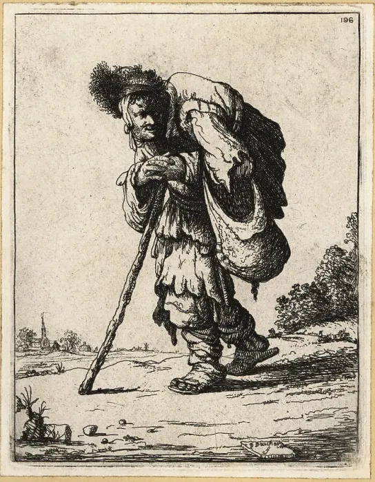 Framed Print : 17th century Dutch disabled beggar in rags, with staff and bag Framed Print : 17th century Dutch disabled beggar in rags, with staff and bag