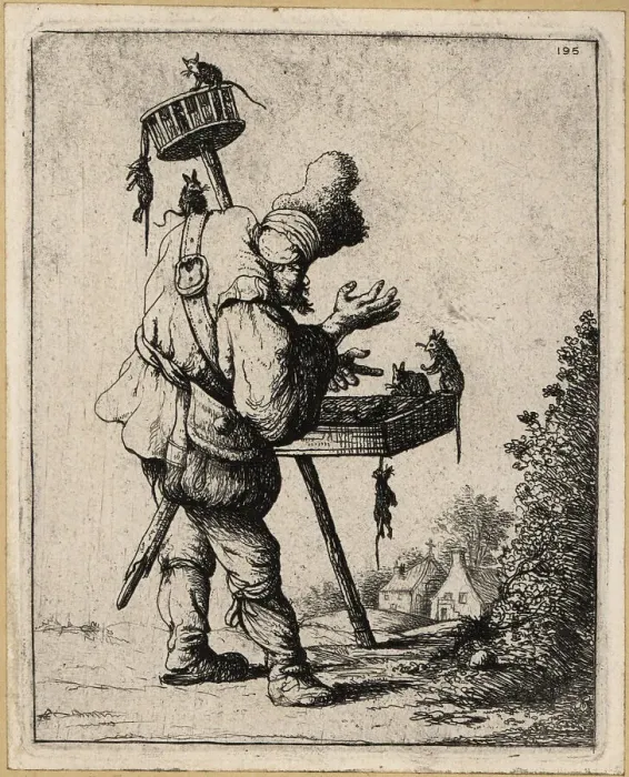 Framed Print : 17th century Dutch itinerant rat-catcher with tray and rat trap