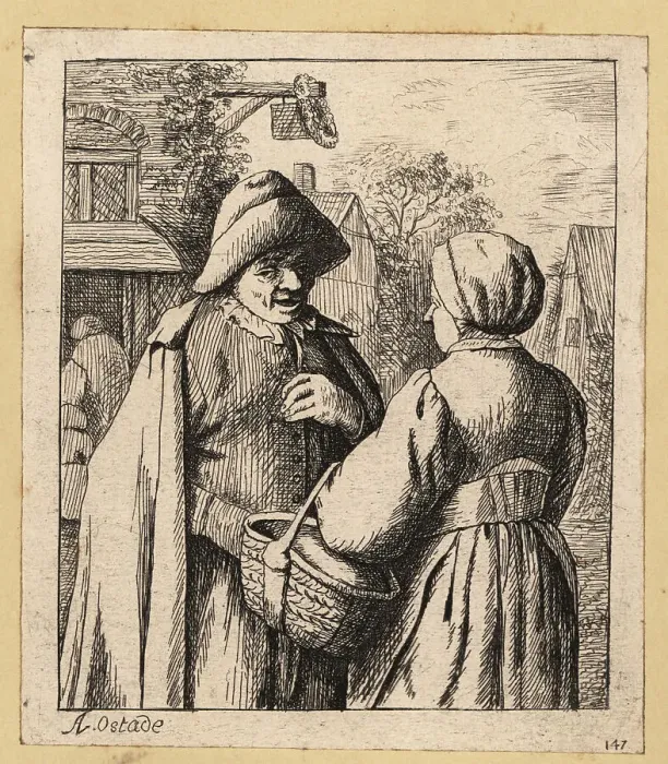 Framed Print : 17th century Dutch man and woman talking in a village street Framed Print : 17th century Dutch man and woman talking in a village street