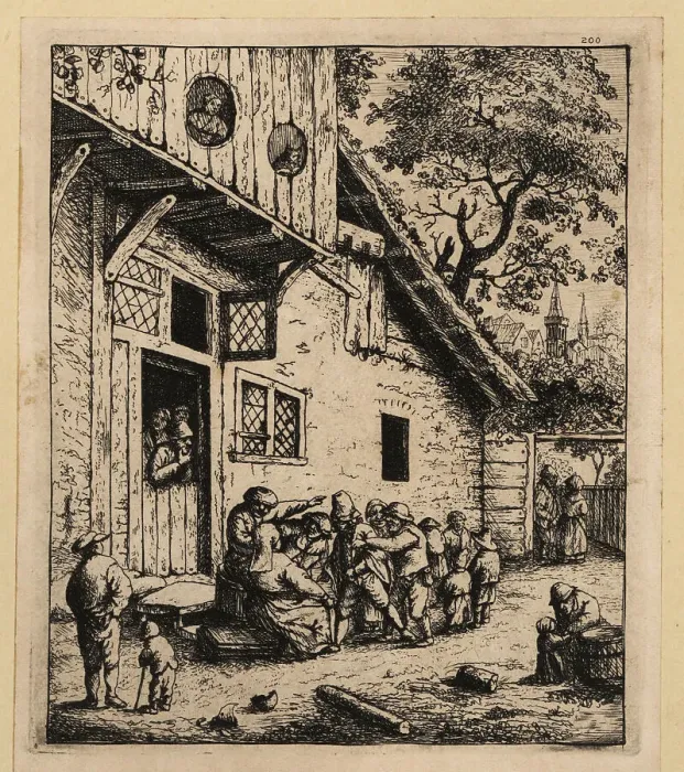 Framed Print : 17th century Dutch peasants outside a large farmhouse Framed Print : 17th century Dutch peasants outside a large farmhouse