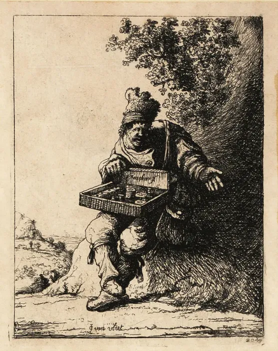 Framed Print : 17th century Dutch pedlar with straw box of wares seated by a ro Framed Print : 17th century Dutch pedlar with straw box of wares seated by a ro