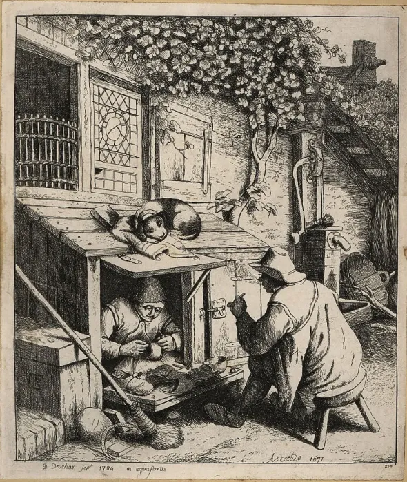 Framed Print : 17th century Dutch shoemaker in a small shop in front of his hou Framed Print : 17th century Dutch shoemaker in a small shop in front of his hou