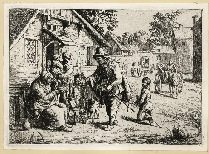 Framed Print : 17th century Dutch spectacles seller offering his wares to a wom Framed Print : 17th century Dutch spectacles seller offering his wares to a wom