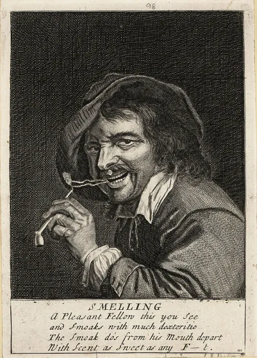Framed Print : 17th century English man blowing out smoke after inhaling from a Framed Print : 17th century English man blowing out smoke after inhaling from a