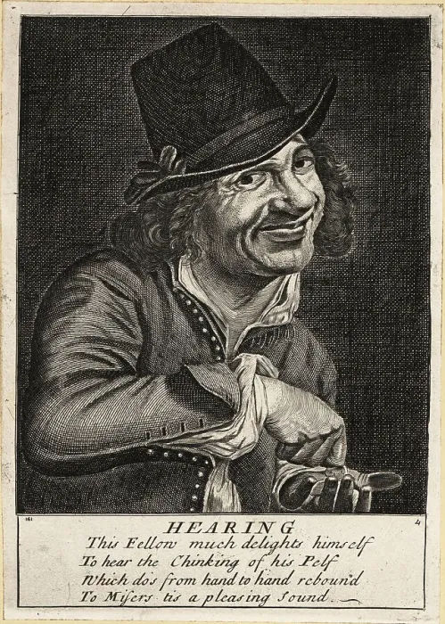 Framed Print : 17th century English man smiling as he hears coins chinking Framed Print : 17th century English man smiling as he hears coins chinking