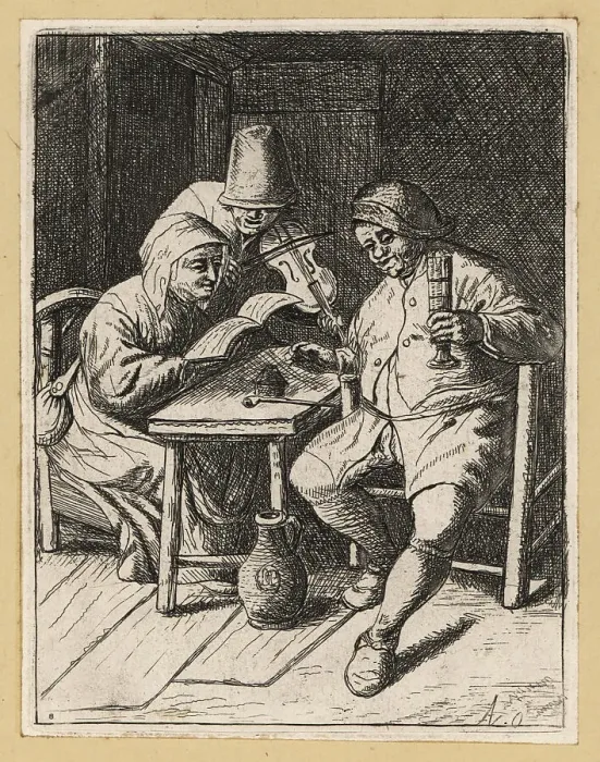 Framed Print : 17th century fiddler with woman reading music score and man drin Framed Print : 17th century fiddler with woman reading music score and man drin
