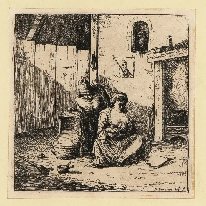 Framed Print : 17th century man watching a mother breastfeeding a child in fron Framed Print : 17th century man watching a mother breastfeeding a child in fron