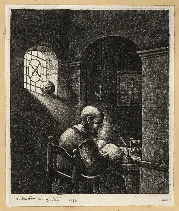 Framed Print : 17th century monk reading a Bible at a desk in his cell Framed Print : 17th century monk reading a Bible at a desk in his cell