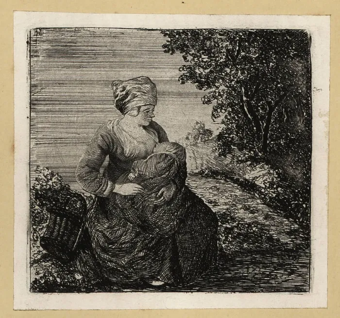 Framed Print : 17th century peasant woman breastfeeding a baby near a tree Framed Print : 17th century peasant woman breastfeeding a baby near a tree