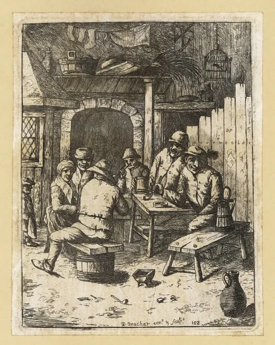Framed Print : 17th century peasants drinking ale and smoking pipes in a tavern Framed Print : 17th century peasants drinking ale and smoking pipes in a tavern