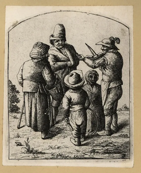 Framed Print : 17th century peasants listening to a street fiddler Framed Print : 17th century peasants listening to a street fiddler