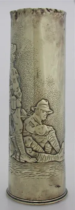 Framed Print : 18 pounder shell case - three Australian soldiers relaxing Framed Print : 18 pounder shell case - three Australian soldiers relaxing