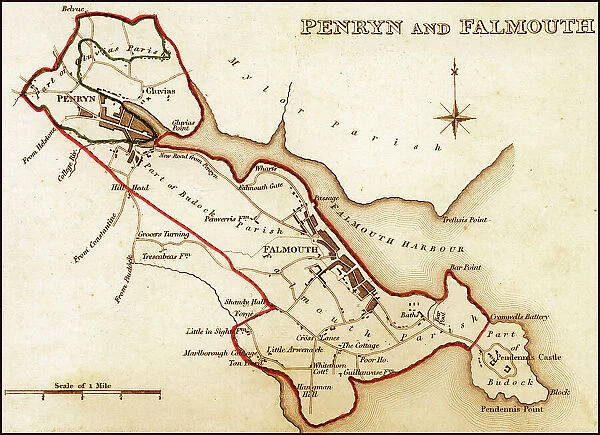1832 Victorian Map of Penryn and Falmouth