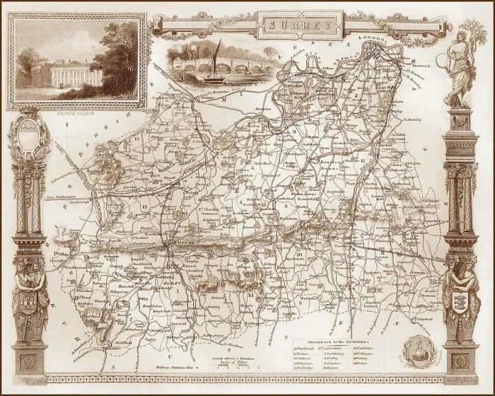 Framed Print : 1840s Victorian Map of Surrey Framed Print : 1840s Victorian Map of Surrey