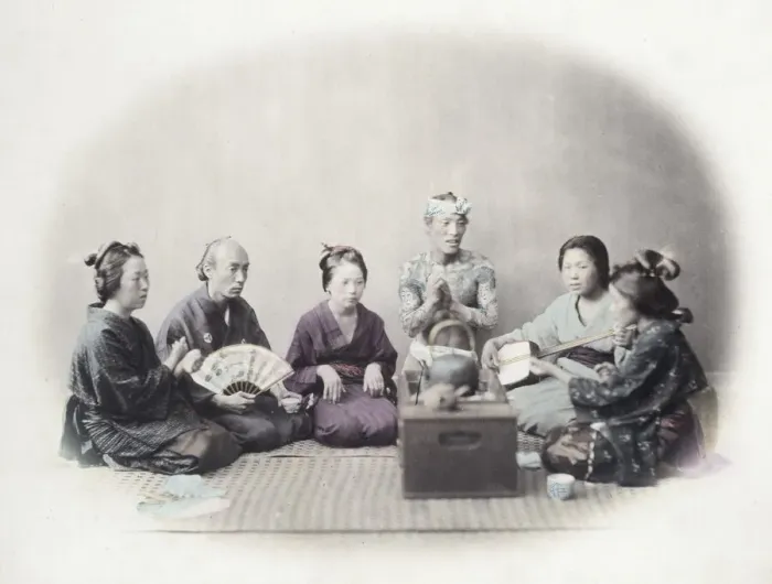 Framed Print : 1860s Japan - portrait of a group including a singer, musician Framed Print : 1860s Japan - portrait of a group including a singer, musician