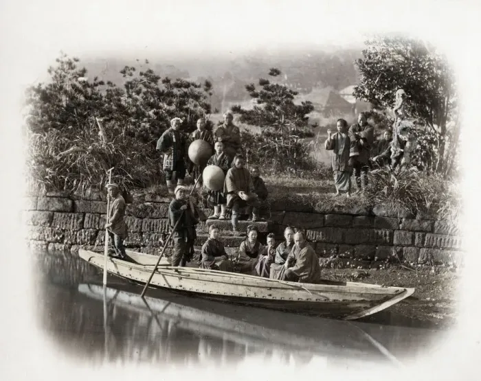 Framed Print : 1860s Japan - portrait of a group of people on a ferry boat Felice or Felix Beato Framed Print : 1860s Japan - portrait of a group of people on a ferry boat Felice or Felix Beato