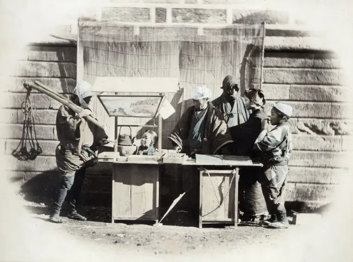 Framed Print : 1860s Japan - portrait of a group of people at a wayside food stall Felice or Felix Framed Print : 1860s Japan - portrait of a group of people at a wayside food stall Felice or Felix