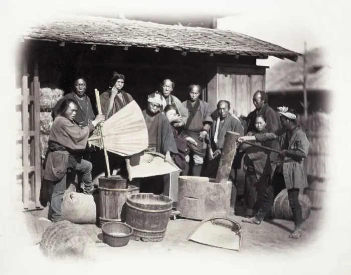 Framed Print : 1860s Japan - portrait of a group pounding rice Felice or Felix Beato Framed Print : 1860s Japan - portrait of a group pounding rice Felice or Felix Beato