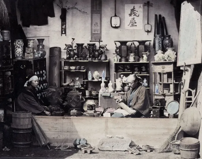 Framed Print : 1860s Japan - portrait of a two people at a curio or souvenir stall Felice or Felix Framed Print : 1860s Japan - portrait of a two people at a curio or souvenir stall Felice or Felix