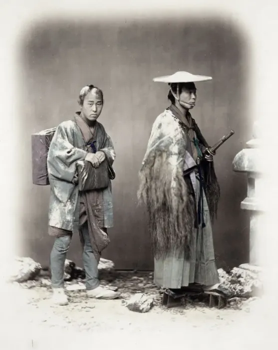 Framed Print : 1860s Japan - portrait of a samurai and his servant travelling in snow Felice or Felix