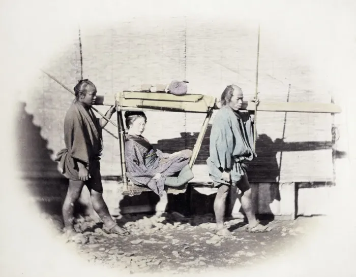 Framed Print : 1860s Japan - portrait of a young woman in a kago with two bearers Felice or Felix Beato Framed Print : 1860s Japan - portrait of a young woman in a kago with two bearers Felice or Felix Beato