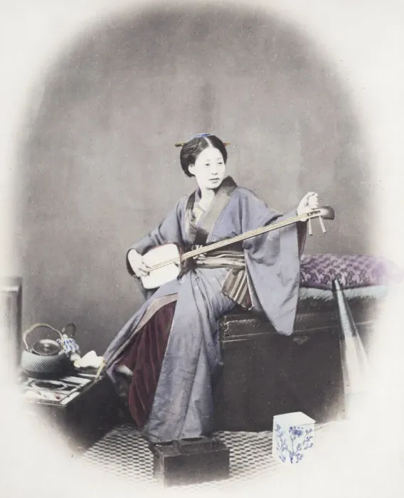 Framed Print : 1860s Japan - portrait of a young woman musician with a shamisen Felice or Felix Beato Framed Print : 1860s Japan - portrait of a young woman musician with a shamisen Felice or Felix Beato