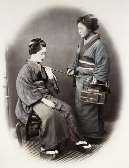 Framed Print : 1860s Japan - portrait of a young woman with a pipe Felice or Felix Beato