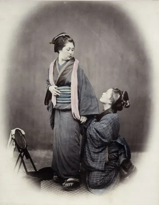 Framed Print : 1860s Japan - portrait of a young woman tying her obi sash Felice or Felix Beato