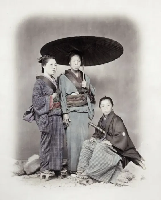 Framed Print : 1860s Japan - portrait of two young woman and a young man Felice or Felix Beato Framed Print : 1860s Japan - portrait of two young woman and a young man Felice or Felix Beato
