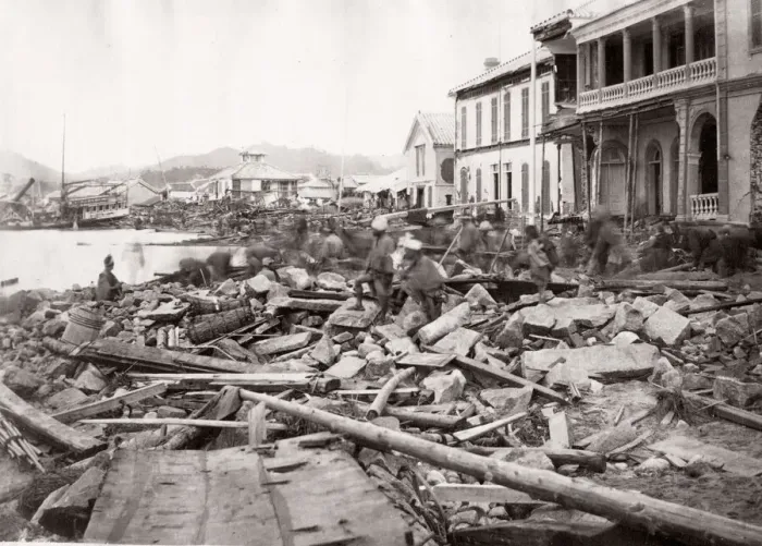 Framed Print : 1871 Japan - the Bund at Kobe after the typhoon - from The Far East magazine Framed Print : 1871 Japan - the Bund at Kobe after the typhoon - from The Far East magazine