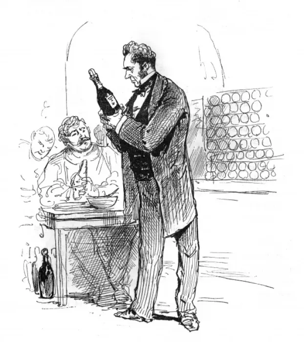 Framed Print : WINE. A connoisseur examines a bottle Date: 1878 Framed Print : WINE. A connoisseur examines a bottle Date: 1878