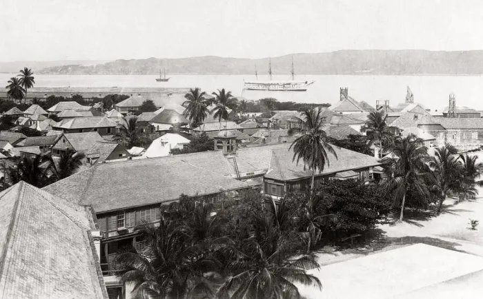 Framed Print : 1891 - West Indies, Port Royal Jamaica with HMS Urgent at anchor Framed Print : 1891 - West Indies, Port Royal Jamaica with HMS Urgent at anchor