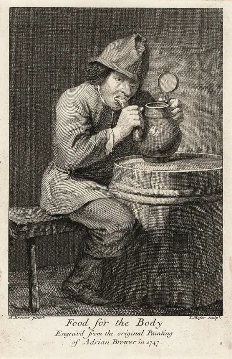 Framed Print : 18th century Flemish peasant eating at a barrel table in a taver Framed Print : 18th century Flemish peasant eating at a barrel table in a taver