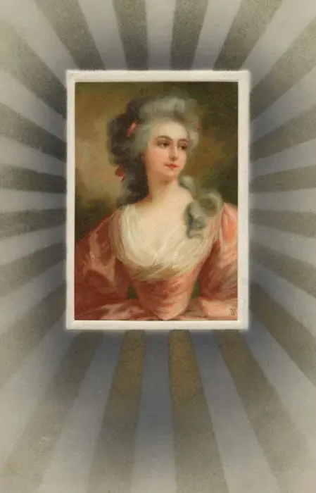 Framed Print : 18th Century Woman with 1920s Postcard Kitch surround Framed Print : 18th Century Woman with 1920s Postcard Kitch surround
