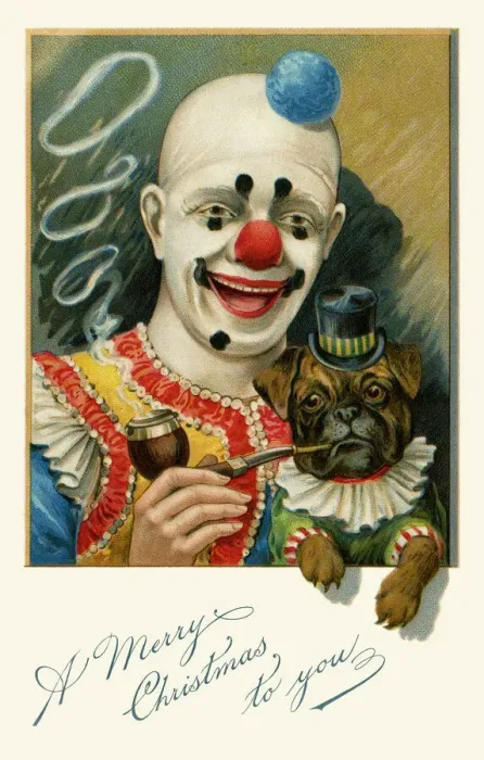 Framed Print : Clown with a pug dog smoking a pipe. Date: 1903 Framed Print : Clown with a pug dog smoking a pipe. Date: 1903