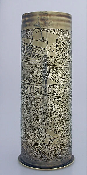 A 1913 77 mm shell case, engraved Merkem