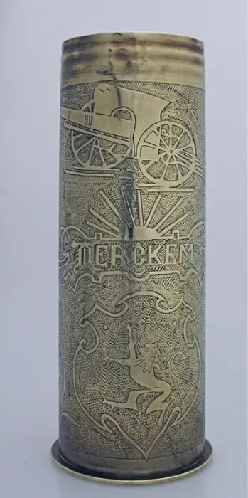 Framed Print : A 1913 77 mm shell case, engraved Merkem Framed Print : A 1913 77 mm shell case, engraved Merkem
