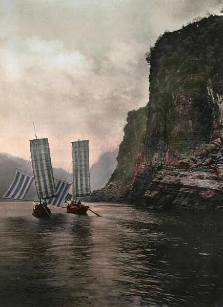 1920s China - boat in a Yangtze river gorge