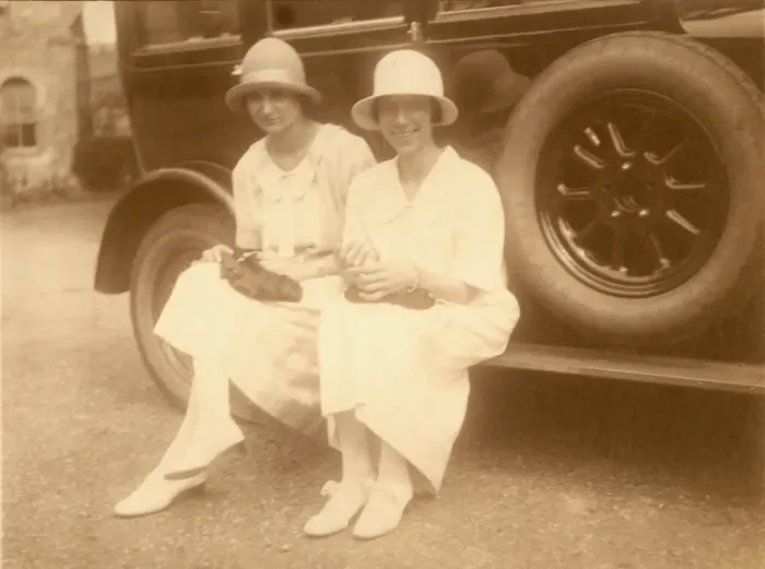 Framed Print : Two 1920s ladies and large car Framed Print : Two 1920s ladies and large car