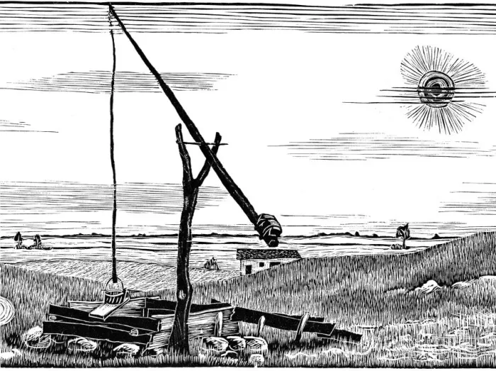 Framed Print : Well. Engraving of a primitive well in a flat landscape. Date: 1924 Framed Print : Well. Engraving of a primitive well in a flat landscape. Date: 1924