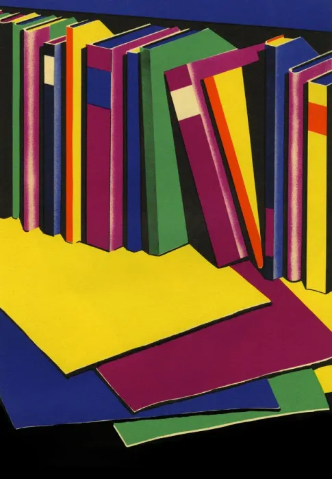 Framed Print : Books. Colourful illustration of books on a shelf. Date: 1933 Framed Print : Books. Colourful illustration of books on a shelf. Date: 1933