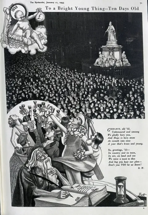 Framed Print : 1933 New Year celebrations, photographs of crowds in London, with illustrations of Old Father Time and the baby 1933, with revellers raising a toast. With a poem honouring 1932 and 1933. Captioned, To a bright young thing, ten days old Framed Print : 1933 New Year celebrations, photographs of crowds in London, with illustrations of Old Father Time and the baby 1933, with revellers raising a toast. With a poem honouring 1932 and 1933. Captioned, To a bright young thing, ten days old