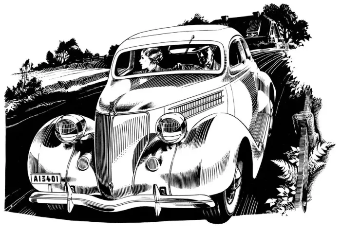Framed Print : Car. Black and white illustration of car driving through countryside. Date: 1938 Framed Print : Car. Black and white illustration of car driving through countryside. Date: 1938